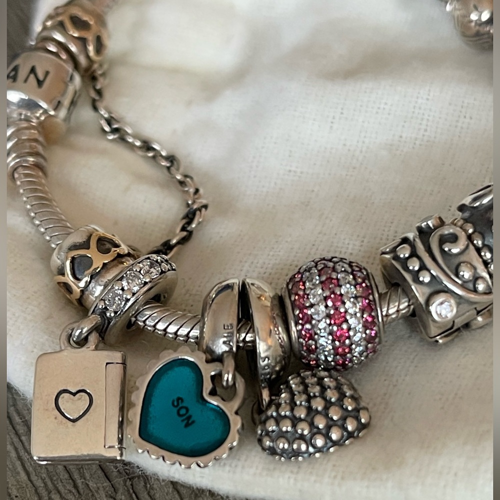 SOLD…AUTHENTIC PANDORA SS Bracelet with SS and 14k Gold Charms - Picture 9 of 15